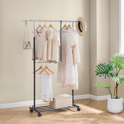 FAVOOSTY Hanging racks for clothes Rack with Wheels Garment racks for hanging clothes racks for hanging clothes Double adjustable Clothes Organizer for kids with Extendable Rod Black