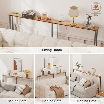78" Narrow Console Sofa Table - 2 Power Outlets & 4 USB Ports, Metal Frame, Rustic Brown, Perfect for Hallway, Office, and Behind Sofa - Easy Assembly, 4.9' Extension Cord Included