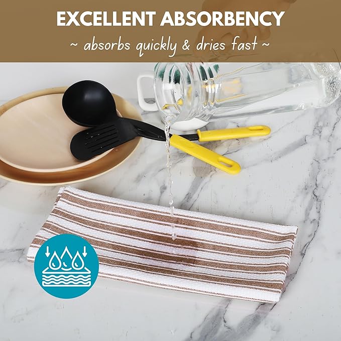 Native Fab Stripe Kitchen Towel - 12 Pack - Basket Weave 100% Cotton Dish Towels - 16x26 inches - Absorbent Towels for Cleaning, Quick Drying, Washable Dish Cloths with Hanging Loop - Brown