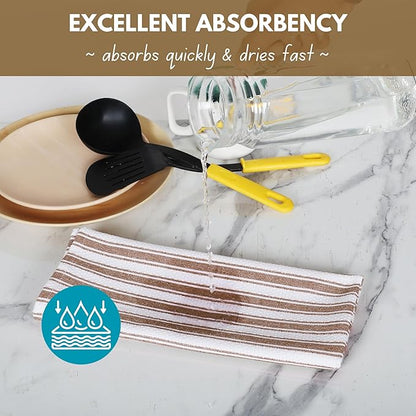 Native Fab Stripe Kitchen Towel - 12 Pack - Basket Weave 100% Cotton Dish Towels - 16x26 inches - Absorbent Towels for Cleaning, Quick Drying, Washable Dish Cloths with Hanging Loop - Brown