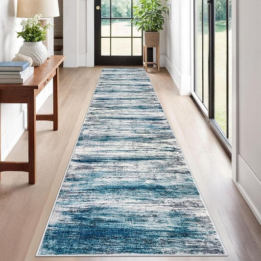 KOZYFLY Modern Abstract Kitchen Runner Rug, 2x12 Washable Rug Runner Non-Slip Soft Striped Hallway Runner Rugs, Light Blue Print Carpet Runner for Entryway Bathroom Laundry Room Foyer
