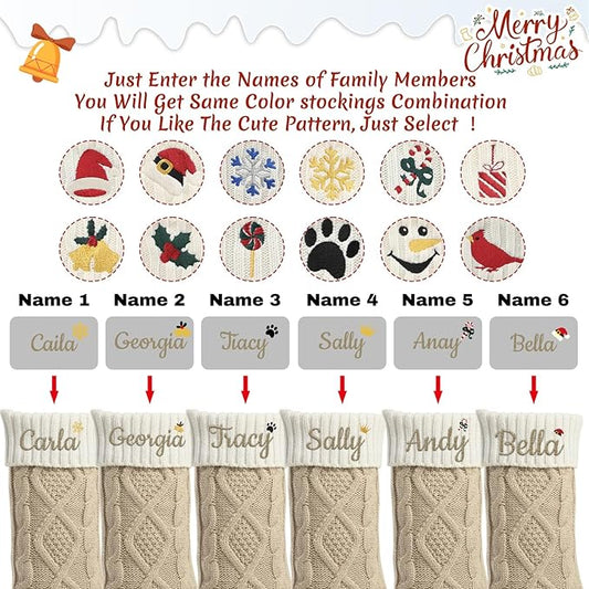 Personalized Christmas Stockings,Custom Embroidered Name+Logo Xmas Knitted Stockings 18'',Holiday and Family Stocking for Fireplace Christmas Holiday Party Decoration 1-6Pack（Flax White）