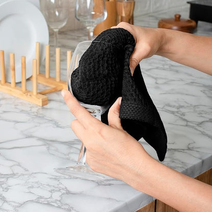 Cotton Waffle Weave Kitchen Wash Cloths - Pack of 6 (12x12 Inches) | Ultra Soft, Absorbent Dish Cloth | Quick Dry, Dish Cloths & Dish Rags - Black (Kitchen Essentials)