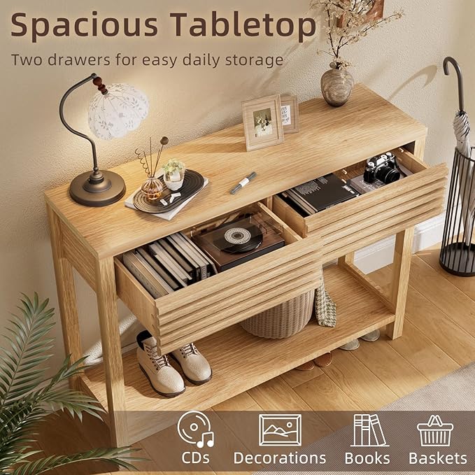 BREEZEHEAT 40" Fluted Console Table with 2 Drawers, Modern Wood 2 Tier Entryway Table with Storage Shelf, Narrow Sofa Table Behind Couch Accent Table for Entrance Foyer, Hallway, Living Room, Natural