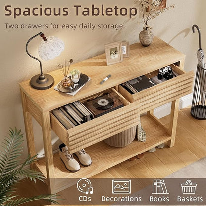 BREEZEHEAT 40" Fluted Console Table with 2 Drawers, Modern Wood 2 Tier Entryway Table with Storage Shelf, Narrow Sofa Table Behind Couch Accent Table for Entrance Foyer, Hallway, Living Room, Natural