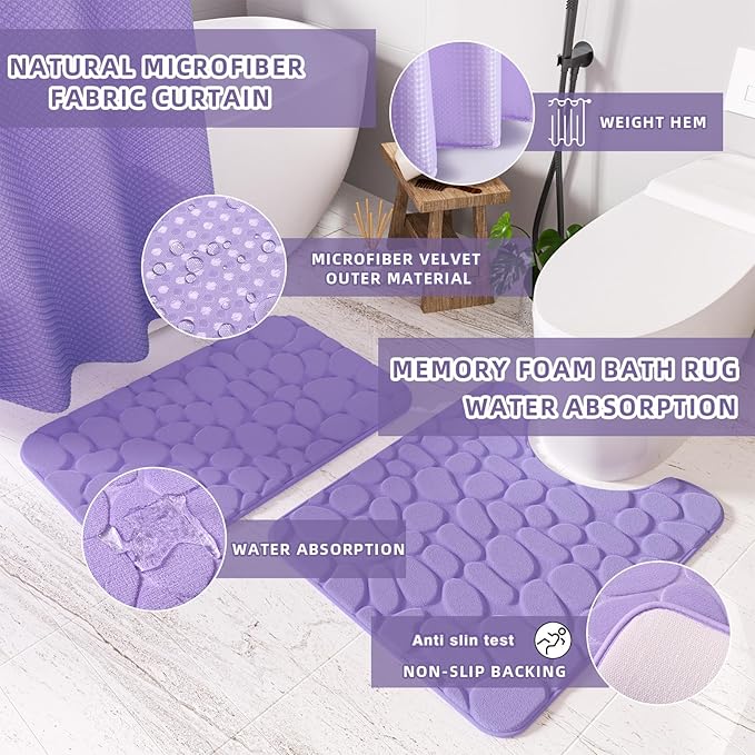 Bathroom Accessories Set - 25PC Bathroom Sets with Shower Curtain and Rugs, Purple Bathroom Accessories with Trash Can, Soap Dispenser, Soap Dish & Toilet Brush