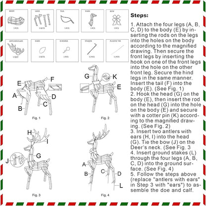 Lulu Home Set of 3 Pre-lit White Reindeer with 210 LEDs Warm White Lights, 3D Light Up Glittered Standing Reindeer Family for Xmas Lighted Holiday Display Indoor Outdoor