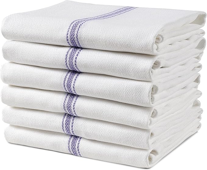 LANE LINEN Kitchen Towels, 6 Pack 14"x25" Dish Drying Towels, 100% Cotton Tea Towel with Hanging Loop, Reusable Napkin, Durable After Multiple Washes, Soft & Absorbent - Blue Stripe