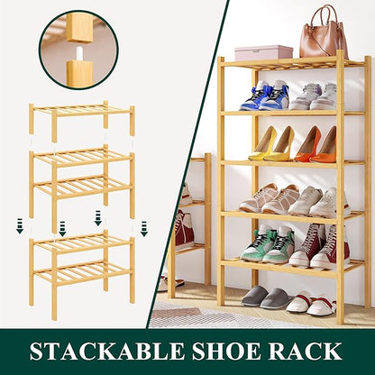 Smiry Shoe Rack, 4 Tier Small Bamboo Shoe Organizer, Stackable Free Standing Wooden Shoe Storage Shelf for Closet, Entryway, Front Door Entrance, Natural