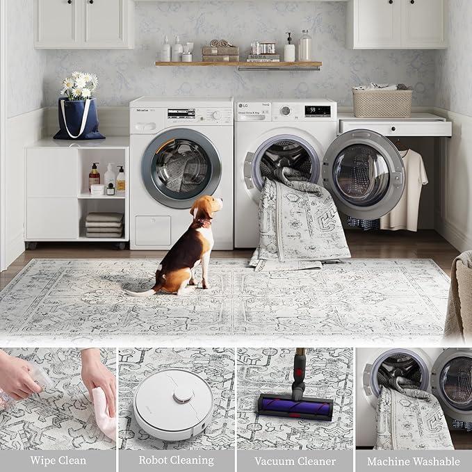 jinchan Kitchen Runner Rug 3x7 - Vintage Floral Machine Washable Non-Slip Hallway Runner Rug with Rubber Backing Ultra-Thin Carpet for Bedroom Laundry Room Farmhouse (3x7ft,Grey)