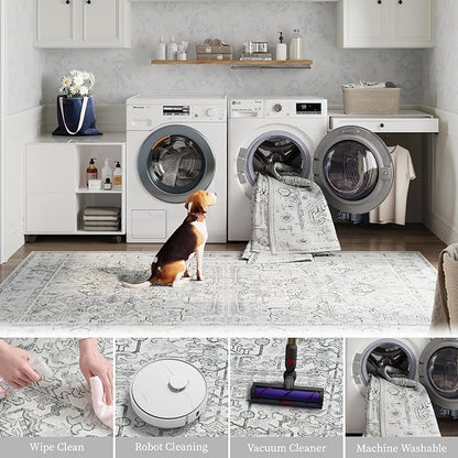 jinchan Runner Rug 2x6 - Vintage Hallway Machine Washable Rug Floral Non Slip with Rubber Backing Ultra-Thin Carpet Runner for Kitchen Bedroom Laundry Room Farmhouse Entryway (2x6ft,Grey)