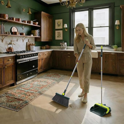 Broom and Dustpan Set – Stainless Steel Long-Handled Broom, Upright Broom with Self-Cleaning Hair Dustpan Teeth, Indoor & Outdoor Use, Suitable for Office, Kitchen & Bathroom