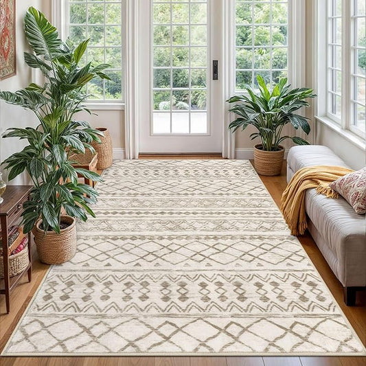 KUTA Area Rug 4x6 Boho, Moroccan Washable Rugs for Living Room Non Slip, Beige Ultra Soft Print Distressed Geometric Low-Pile Throw Carpet for Bedroom Nursery Dorm Decor