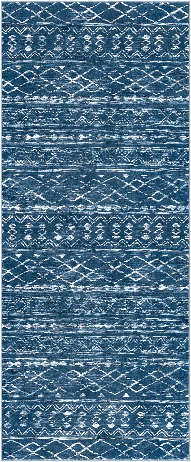 KUTA Boho Entryway Runner 2x5 ft Blue Moroccan Washable Kitchen Rug Non-Slip Vintage Hallway Runners Ultra Soft Distressed Geometric Floor Carpet for Bedroom Laundry Living Room