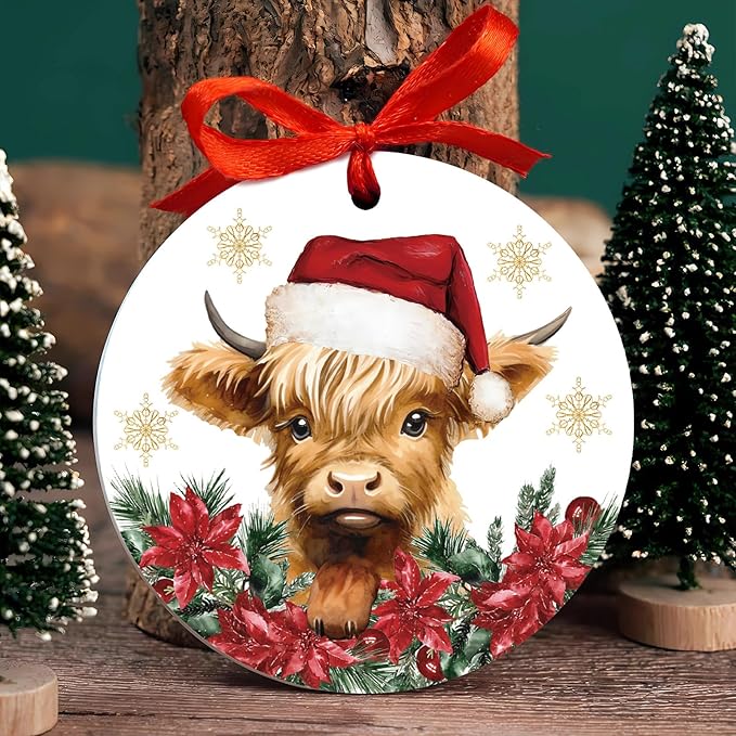 Dlzdn Highland Cow Christmas Ornament Double Sided Printing Acrylic Xmas Keepsake Decorations Christmas Tree Decoration Gifts for Women