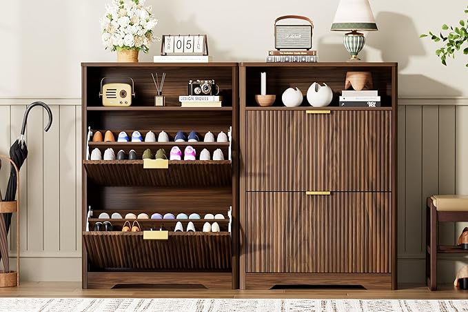 Rainbow Home Oregon Shoe Storage Cabinet, 31.6" W Narrow Fluted Design with 2 Flip Drawers, Walnut Freestanding Organizer for Entryway, Foyer, Hallway | Mid Century Modern (2 Flip Drawers)