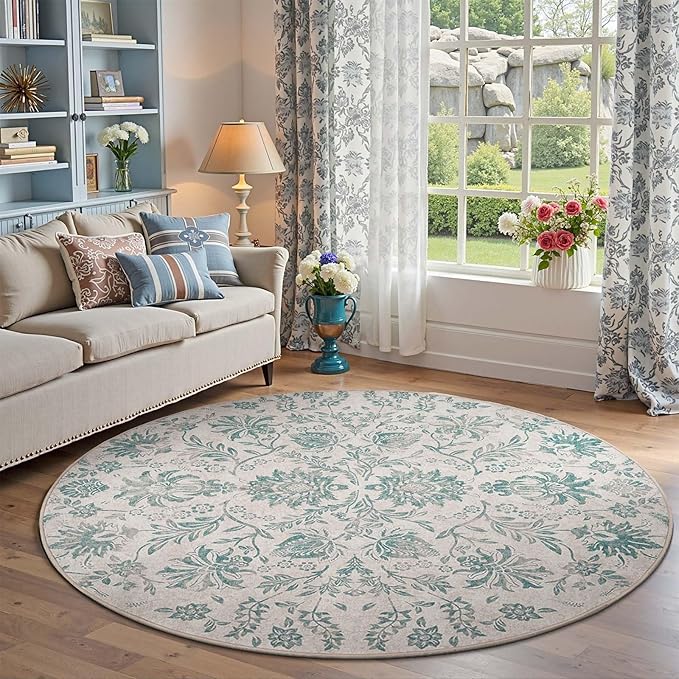 jinchan Classic Floral Round Rug 6ft Vintage-Inspired Design 6’Circle Rug Machine Washable Ultra-Thin Low-Pile Non-Slip Indoor Carpet for Bedroom Dining Room Living Room Entryway