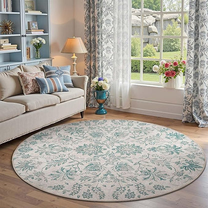 jinchan Classic Floral Round Rug 6ft Vintage-Inspired Design 6’Circle Rug Machine Washable Ultra-Thin Low-Pile Non-Slip Indoor Carpet for Bedroom Dining Room Living Room Entryway