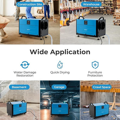 COSTWAY 192 PPD Commercial Dehumidifier, 2600 Sq.Ft Crawl Space Dehumidifier with 9.8 FT Drain Hose & Wired Remote Control Panel, Ideal for Basement, Warehouse, Job Site (Blue)