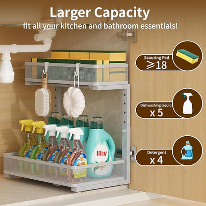 Under Sink Organizer 2 Pack, 2-Tier Slide Out Cabinet Organizer with Metal Sliding Drawer and Hooks, Pull Out Storage Baskets for Kitchen Bathroom Pantry Cabinet Organization (grey)