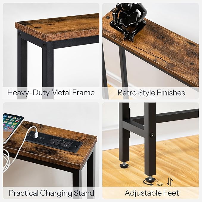 HOOBRO 2 Pack 5.9" Narrow Console Sofa Table with Power Outlets, 47.2" Long Behind Couch Table with Charging Station, Skinny Sofa Table for Living Room, Foyer, Rustic Brown BF15XGP201G1