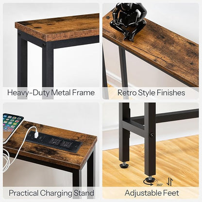 HOOBRO 2 Pack 5.9" Narrow Console Sofa Table with Power Outlets, 47.2" Long Behind Couch Table with Charging Station, Skinny Sofa Table for Living Room, Foyer, Rustic Brown BF15XGP201G1