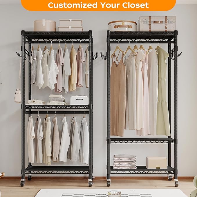 Mini Rolling Clothes Rack with Adjustable Metal Wire Shelving, Heavy Duty Clothing Rack for Hanging Clothes, Portable Closet with Wheels Side Hooks, Freestanding Closet Wardrobe, Black