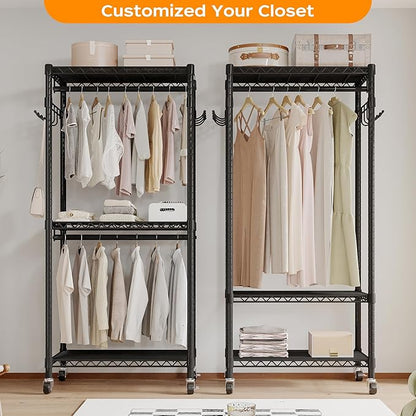 Mini Rolling Clothes Rack with Adjustable Metal Wire Shelving, Heavy Duty Clothing Rack for Hanging Clothes, Portable Closet with Wheels Side Hooks, Freestanding Closet Wardrobe, Black