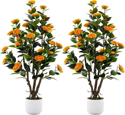 2 Pack Artificial Camellia Tree with White Pot, 38" Faux Potted Plants for Indoor Outdoor Decor, Tall Silk Greenery Plant for Home Office Living Room Balcony, Orange