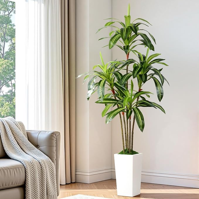 Artificial Dracaena Fake Tree 6FT, White High Pot Artificial Plants Indoor&Outdoor, Fake Plants for Office/Home/Living Room Potted Decoration, 6ft