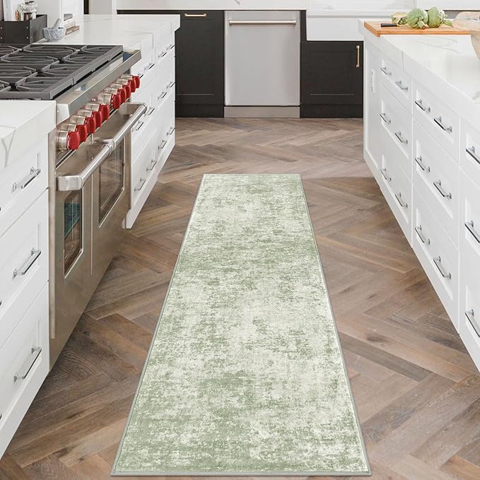 Modern Abstract Runner Rug 2x6, Sage Green Grey Washable Kitchen Runner Non-Slip Soft Hallway Rug Runner Thin Print Faux Wool Carpet for Entryway Bedroom Laundry Room Indoor Home Decor