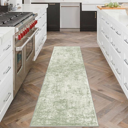 Modern Abstract Runner Rug 2x6, Sage Green Grey Washable Kitchen Runner Non-Slip Soft Hallway Rug Runner Thin Print Faux Wool Carpet for Entryway Bedroom Laundry Room Indoor Home Decor