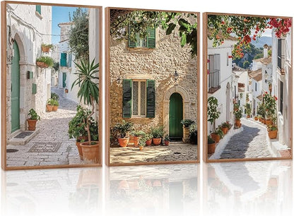 HLNIUC Vintage Italian Countryside Landscape Framed Wall Art,Mediterranean Italy Street Landscape Poster,Modern Europe Street Canvas Painting,Nature Scenery Art Print for Living Room Office-16 x24 x3