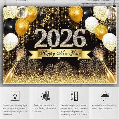 YongFoto 2026 Happy New Year Backdrop 12x10ft Gold Balloons Champagne Fireworks Photography Background Christmas Festival Carnival Family Party Banquet Decor Banner Photoshoot Wallpaper Photo Booth
