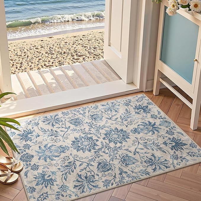 jinchan 2x3 Washable Rugs for Entryway, Vintage-Inspired Floral Design Non-Slip Low-Pile Doormat, Ultra-Thin Indoor Traditional Accent Carpet for Entrance Kitchen Bathroom Bedroom, Dark Blue