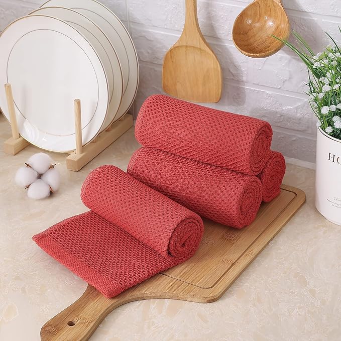 Kitinjoy 100% Cotton Waffle Weave Kitchen Towels, 8-Pack Super Soft and Absorbent Dish Towels for Drying Dishes, Kitchen Hand Towels, 13 in x 28 in, Brick Red