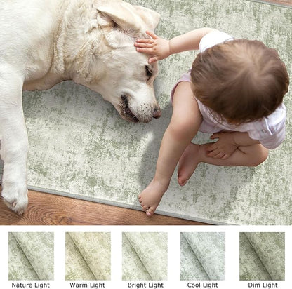 Modern Abstract Runner Rug 2x5, Sage Green Grey Washable Kitchen Runner Entryway Rug Mat Non-Slip Soft Hallway Rug Runner Thin Print Faux Wool Carpet for Bedroom Laundry Room Indoor