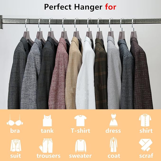 DEDU Suit Hangers for Men 15 Pack, Brown Coat Hangers Extra Wide Non Slip Width 17.7", Thick Plastic with Pants Bar & Metal Hook