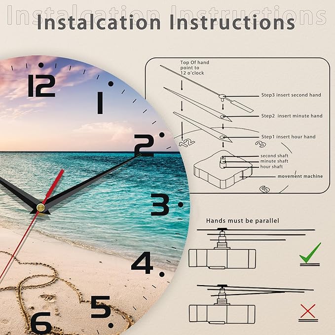 Two Hearts on a Sandy Beach Wall Clocks Vintage Wooden Battery Operated Sunset Non Ticking 10 inch Clock Silent Art Bedroom Kitchen Clock Home Decor for Girls Kids