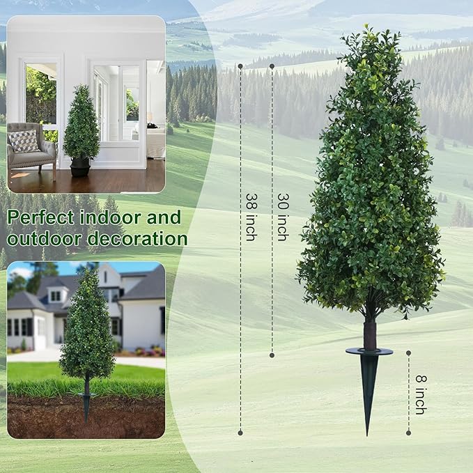 3FT Artificial Boxwood Topiary Balls Trees with Ground Spike, 2 Pack UV Resistant Artificial Shrubs, Fake Evergreen Artificial Plant Brush for Indoor Outdoor Front Porch Garden