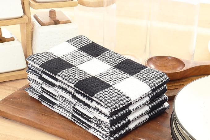 PurpleEssences 100% Cotton Waffle Weave Check Plaid Kitchen Towels, Super Soft and Absorbent Dish Towels for Drying Dishes 15 x 25-6 Pack - Fall Thanksgiving - Black and White