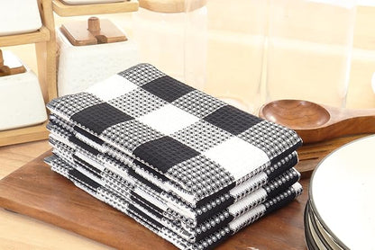 PurpleEssences 100% Cotton Waffle Weave Check Plaid Kitchen Towels, Super Soft and Absorbent Dish Towels for Drying Dishes 15 x 25-4 Pack - Christmas Holiday Winter - Black and White
