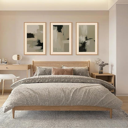 HLNIUC Abstract Neutral Wall Art, Minimalist Black Tan Canvas Wall Decor, Modern Paint Stroke 16"x24" Framed Art Set of 3, Earth Tone Shapes Prints for Living Room, Bedroom, Office