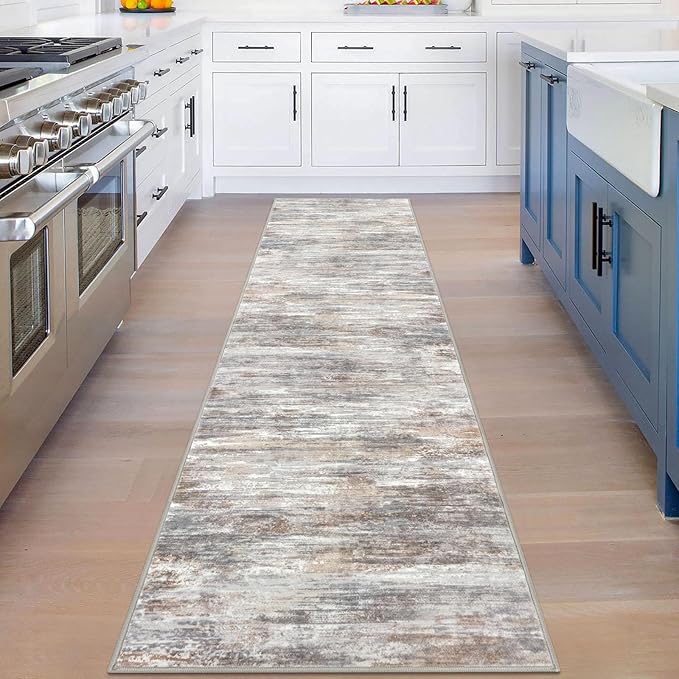 KOZYFLY Modern Abstract Hallway Runner Rug, 2x8 Kitchen Rugs Non-Slip Washable Soft Striped Kitchen Runner Rugs, Print Multi Grey Carpet Runner for Entryway Bathroom Laundry Room Foyer