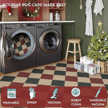 Lahome Christmas Rugs for Living Room, 8x10 Christmas Decorations Red and Green Rug, Checkered Outdoor Non Slip Non Shedding Xmas Decor for Bedroom Dining Room Deck