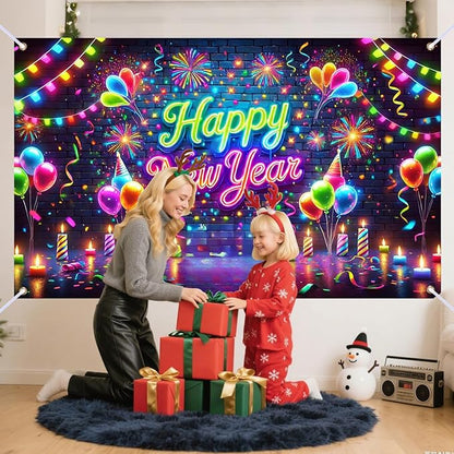 Nuxovilar Happy New Year Banner, Colorful Fireworks Neon Lights Backdrop for Party Decorations, 71x43 Inch
