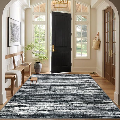 KOZYFLY Area Rug 6x9 Modern Ombre Thin Rugs for Living Room, Washable Large Rugs Non-Slip Soft Striped Rug for Bedroom, Black Navy Blue Grey Abstract Carpet for Laundry/Kid Room