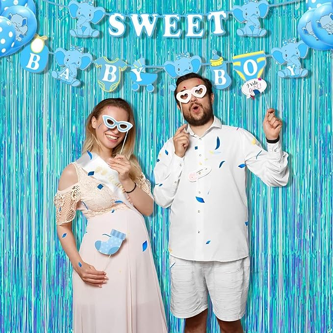 BRAVESHINE Iridescent Blue Foil Fringe Backdrop - 2 Pack 3.2x6.5 ft Holographic Tinsel Streamers Curtains for Christmas/Frozen/Winter’s Snowflake/Birthdays/Mermaid/Sea Party Decorations