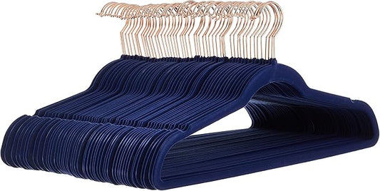 Amazon Basics Slim Velvet, Non-Slip Suit Clothes Hangers, Pack of 50, Navy Blue/Rose Gold