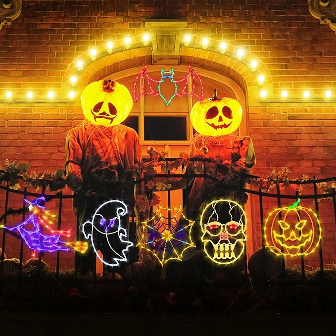 16" Halloween Window Silhouette Lights - 6 Pack Colour Lighted Bat & Witch & Pumpkin & Spider Web & Ghost & Cat on Moon for Holiday Indoor and Outdoor Wall Door Window Decorate